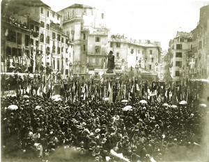 Roma, Campo de' Fiori, 9 giugno 1889, inaugurazione della statua a Giordano Bruno opera dello scultore Ettore Ferrari, futuro Gran Maestro del Grande Oriente d'Italia 