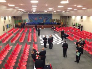 Il tempio in allestimento nel padiglione della Fiera Campionaria