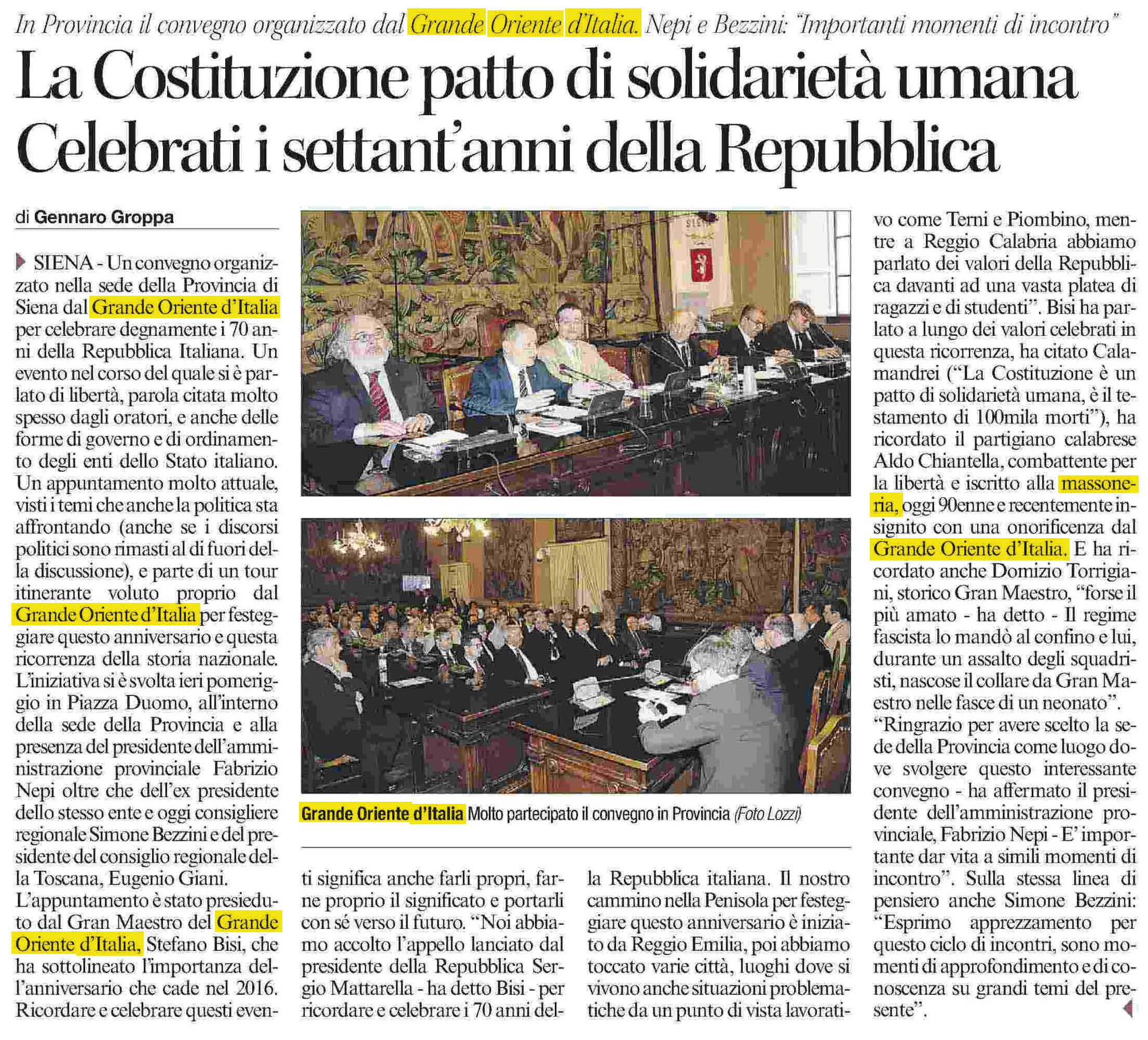 L'articolo pubblicato dal Corriere di siena il 27 maggio 2016