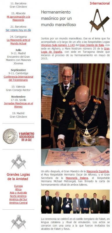 L'articolo su "El Oriente" la newsletter della Gran Loggia di Spagna