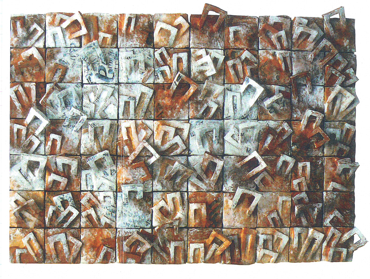 "PMA - Piccole Meditazioni Architettoniche 6-103" (2007-2008), composizione di minibassorilievi in argilla, collage e gesso acrilico sui legno, dimensione totale cm 58x115x8.