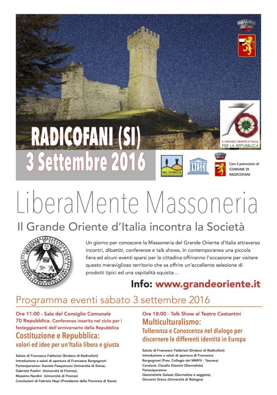 Liberamente Massoneria 2016 Radicofani (SI) Programma eventi sabato 3 settembre 2016