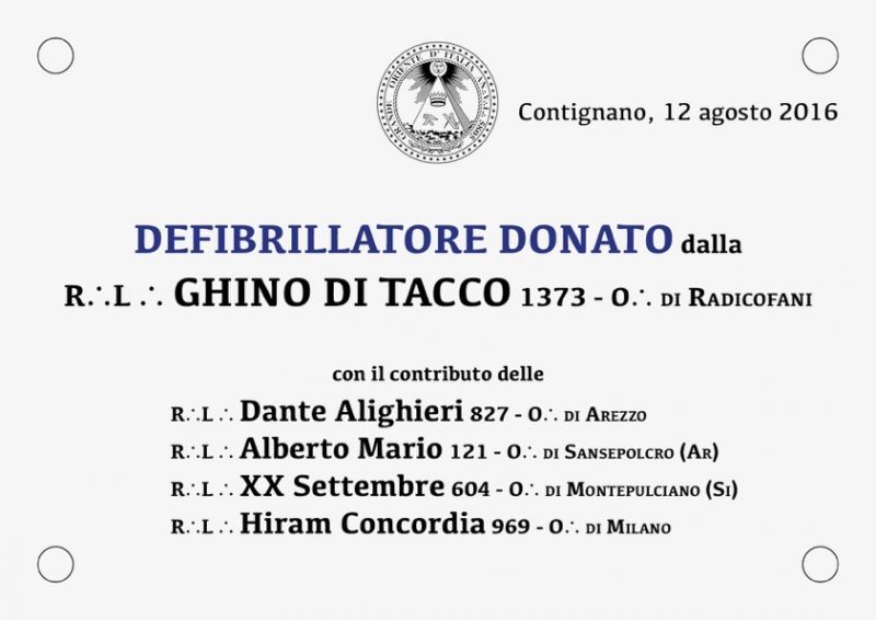 Targa che sarà apposta per la donazione del defibrillatore a Contignano da parte della RL Ghino di Tacco 1373