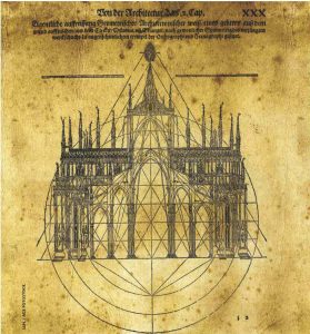 MAESTRI DI ARCHITETTURA. I grandi architetti dell`antichità influenzarono i maestri del gotico. Xilografia di Peter Flotner per il De architettura di Vitruvio Pollione (trattatista latino di architettura di età augustea), edizione tedesca del 1548.