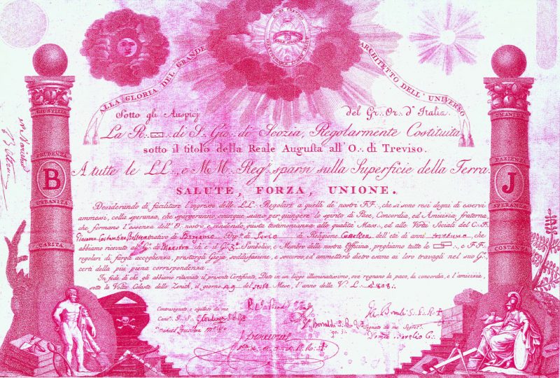Diploma massonico di Giacomo Costantino Beltrami rilasciato dal Grande Oriente d’Italia (1808) (copyright Biblioteca Civica “Angelo Mai”, Bergamo).